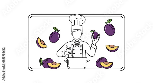 Chef preparing plum jam in kitchen, surrounded by fresh plums and slices