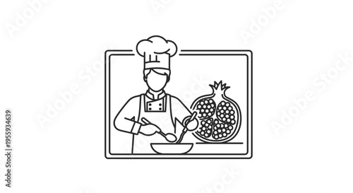 Chef Preparing Food with Pomegranate in Kitchen, Line Art Icon