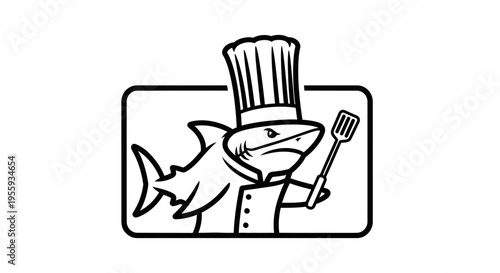 Chef Shark Cartoon with Spatula, Cooking, Funny Animal Character
