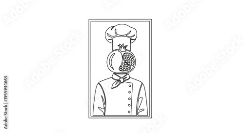 Chef with Pomegranate Head and Chef Hat - Artistic Line Drawing