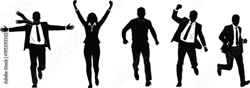 Dynamic black silhouettes of business professionals running, jumping, celebrating success, showing motivation, energy, achievement, and enthusiasm in corporate settings