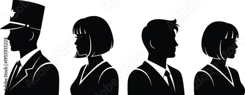 Set of professional people profile silhouettes including police officer businessman and businesswoman isolated on white background in clean minimal style
