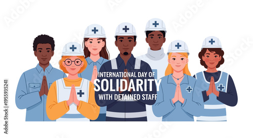 Illustration of diverse medical staff in solidarity, wearing uniforms and hats, with hands clasped in prayer or contemplation, on International Day of Solidarity with Detained and Missing
