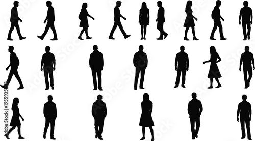 People silhouettes collection with men and women walking, standing and posing isolated on white background for urban lifestyle and crowd concept