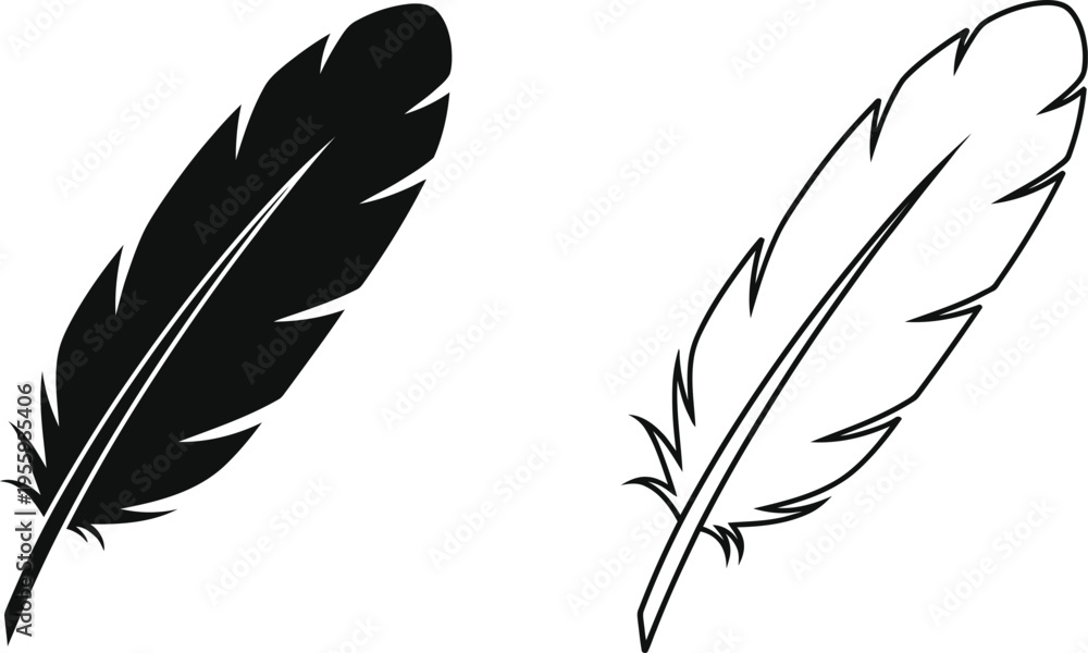 Obraz premium Black and White Feather Silhouette Icon Set Vector