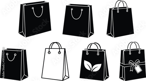 Fotografi Shopping Bag Silhouette Icon Set with Retail Paper Bags for Store Sale Marketing