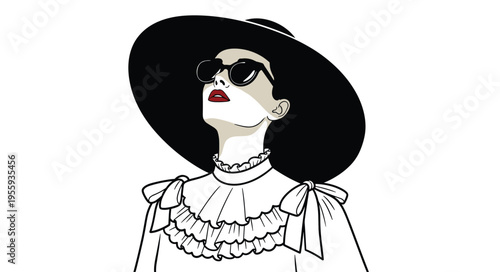 Elegant vintage woman wearing wide brim black hat and sunglasses with red lips, retro Victorian ruffled dress illustration, minimalist fashion vector