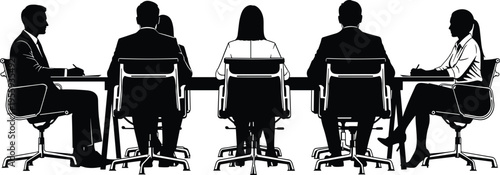 Silhouette illustration of business professionals seated around a conference table engaged in teamwork, leadership, collaboration, and corporate decision‑making