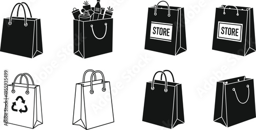 Shopping Bag Silhouette Icon Set with Retail Store, Recycle and Grocery Bags for Ecommerce Sale Marketing Design