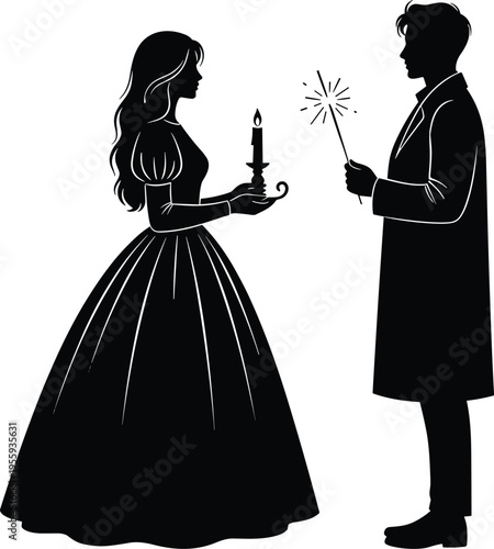 Romantic Silhouette Of Couple With Candle and Sparkler For Wedding Invitation Fairytale Love Victorian Style Ball Gown Celebration And Relationship
