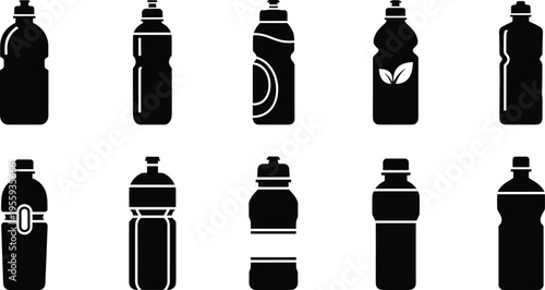 Sport and plastic water bottle silhouettes collection with reusable hydration drink container designs isolated on white background vector icon set
