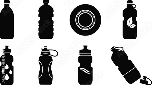 Sport and reusable water bottle silhouettes collection with eco hydration drink containers isolated on white background beverage packaging vector icon set