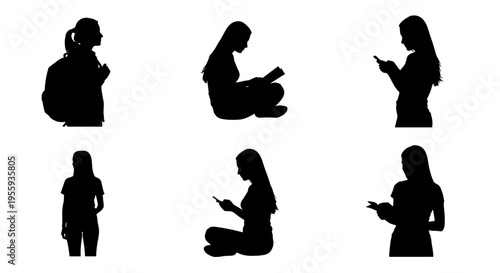 Silhouettes of people reading using devices and relaxing in various poses on white background
