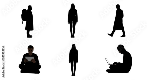 Silhouettes of people in various poses and activities on white background