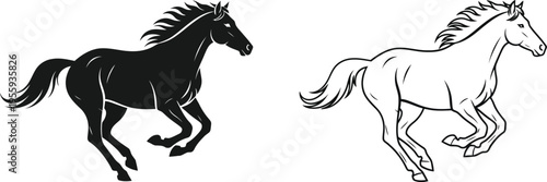 Running Horse Silhouette and Line Art Vector Vector