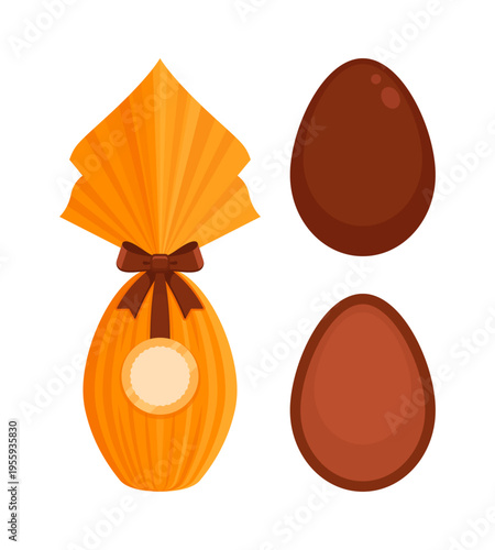 Set of Brazilian and Italian style Easter eggs wrapped in shiny yellow foil with a bow. Uova di Pasqua tradition, Latin Easter gift confectionery, holiday, sweets mockup