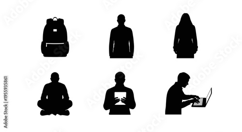 Silhouettes of people using digital devices in various poses and settings