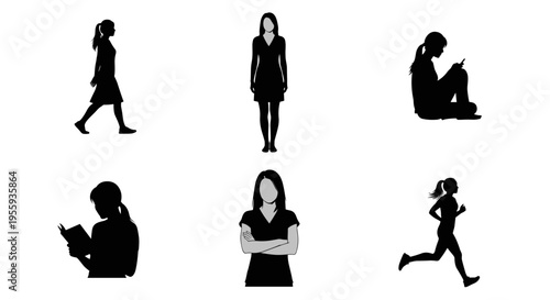 Silhouettes of people in various poses and activities on white background