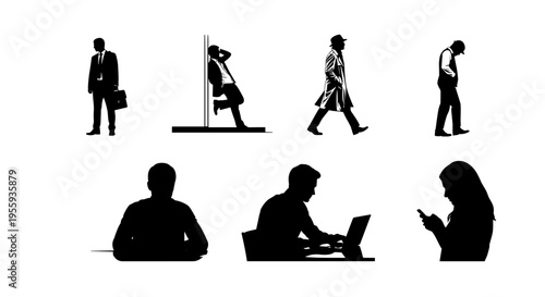 Silhouettes of people working commuting and using technology in an office setting daily