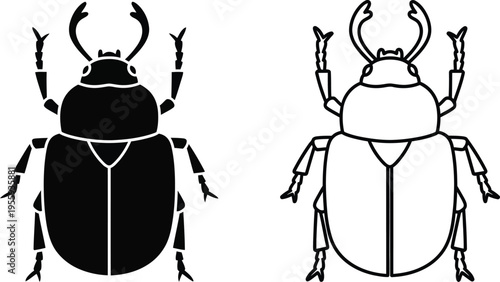 Stag Beetle Silhouette and Outline Icon Set Vector
