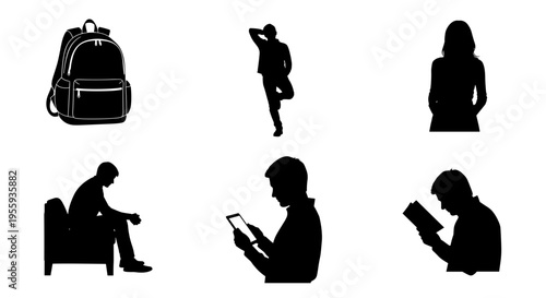 Silhouettes of people reading exercising and relaxing with backpack on white background