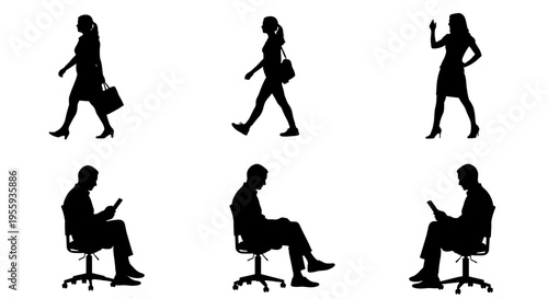 Six black office worker silhouettes in various work and travel poses on white background