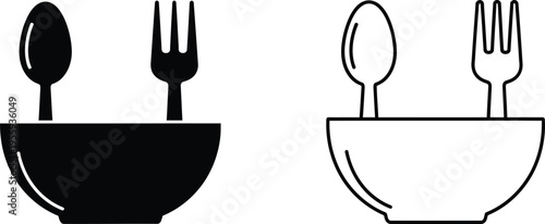 Bowl With Spoon And Fork Icon Set Vector