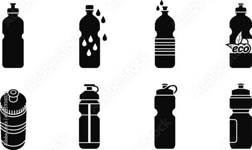 Water bottle silhouettes collection featuring sport, eco and reusable drink bottles with hydration designs isolated on white background vector icon set
