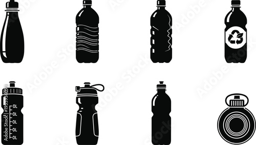 Water bottle silhouettes collection including plastic drink bottles, sport hydration bottles and recyclable beverage containers isolated on white background vector icon set