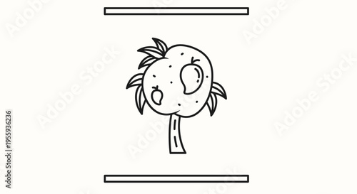 Cartoon Mango Tree with Fruits and Leaves, Outline Illustration
