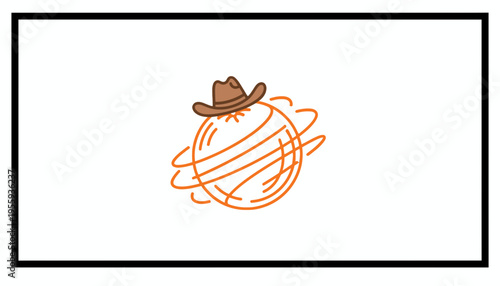 Cartoon orange planet wearing a cowboy hat, spinning with energy lines, isolated on white