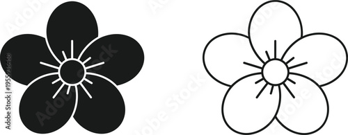 Plum Blossom Flower Icon Set Black and White Vector