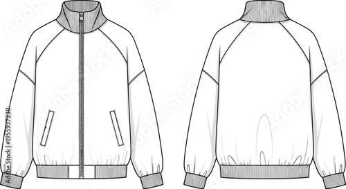 Zip-up bomber jacket with ribbed collar and hem, technical fashion sketch, front and back view, CAD flat vector illustration template