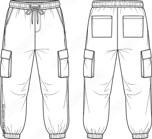 Casual cargo joggers with elastic waist, drawstring, and side pockets, technical fashion sketch, CAD flat vector illustration for apparel design template