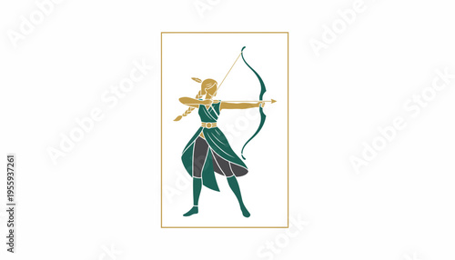 Archer Woman Stylized Illustration, Aiming Bow and Arrow, Dynamic Pose, Green and Gold Tones