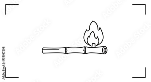 Bamboo pipe with fire, simple line drawing, isolated on white background