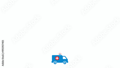 Blue Ambulance Icon with Red Cross and Flashing Lights on White Background