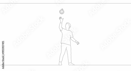 Boy playing with a ball, jumping and catching, outdoor activity, childhood fun, simple line art