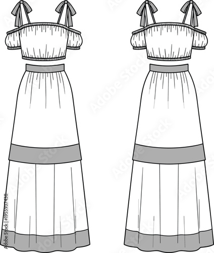 Two-piece set with cropped off-shoulder top and maxi skirt, technical fashion sketch, front and back view, CAD flat vector illustration