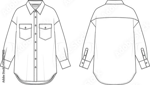 Oversized button-down shirt with chest pockets and long sleeves, technical fashion sketch, CAD flat vector illustration for apparel design template