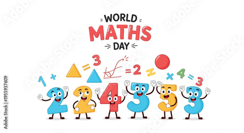 Colorful illustration of cartoon characters celebrating World Maths Day with math symbols and equations on a white background.
