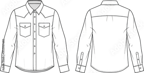 Western style long sleeve shirt with snap buttons and pockets, technical fashion sketch, front and back view, CAD flat vector illustration