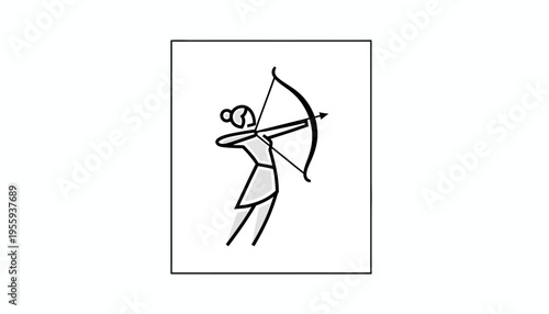 Archer aiming bow and arrow, minimalist stick figure sport illustration