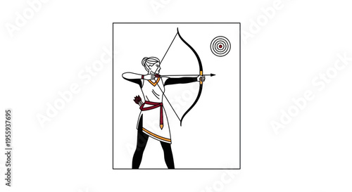 Archer Woman Aiming Bow and Arrow at Target, Ancient Greek Style