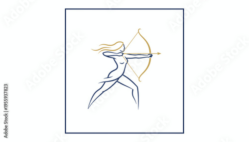 Archer Woman Silhouette Drawing, Focused Aiming Bow and Arrow, Gold Arrow, Dynamic Pose