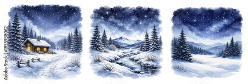 Tableau sur toile A beautiful collection of watercolor winter night sky landscapes, featuring snowy cabins, pine forests, mountain streams, and starry skies isolated on a transparent background
