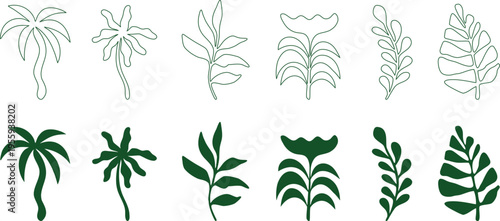 Tropical plant icon set with palm trees and leafy branches in outline and solid styles. Minimal botanical elements perfect for summer branding, packaging, logos, and nature themed design projects.