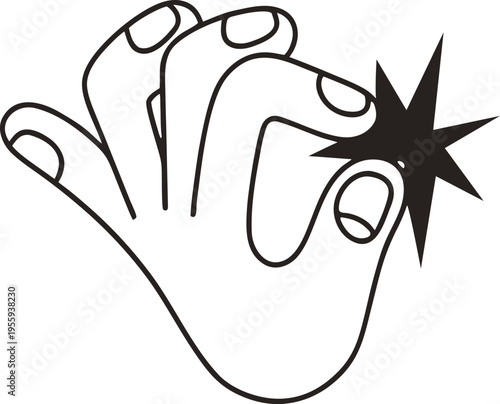 Hand snapping fingers gesture line art with star click effect. Minimal outline illustration representing sound, signal, or idea moment for icons, apps, and creative design projects. Clean vector 