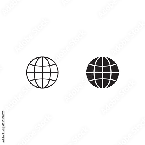 World Globe Icon Set in Outline and Solid Style — Black Flat Vector Earth Grid Symbol for Website, Internet, Global Network, Travel, Language Selector and International Business UI Design