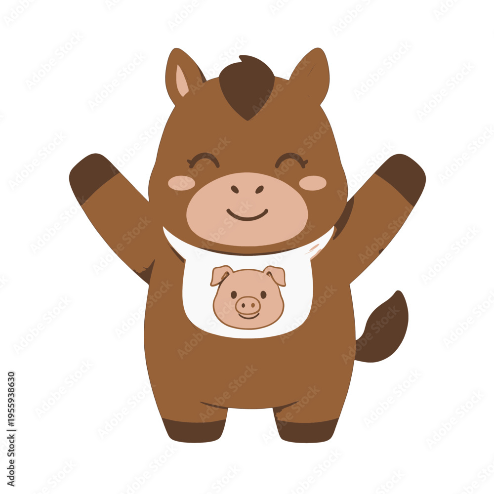 Fototapeta premium Cartoon Happy Horse with Pig Bib Illustration Vector, Cute Animal Character for Children